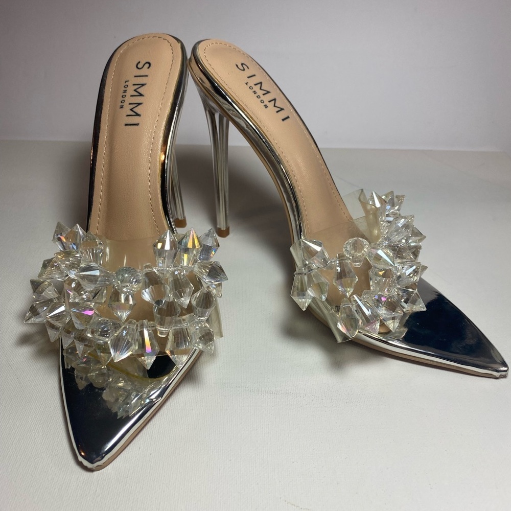 Simmi London NWOT or Box Silver Gem-Studded Crystal Embellished Heels